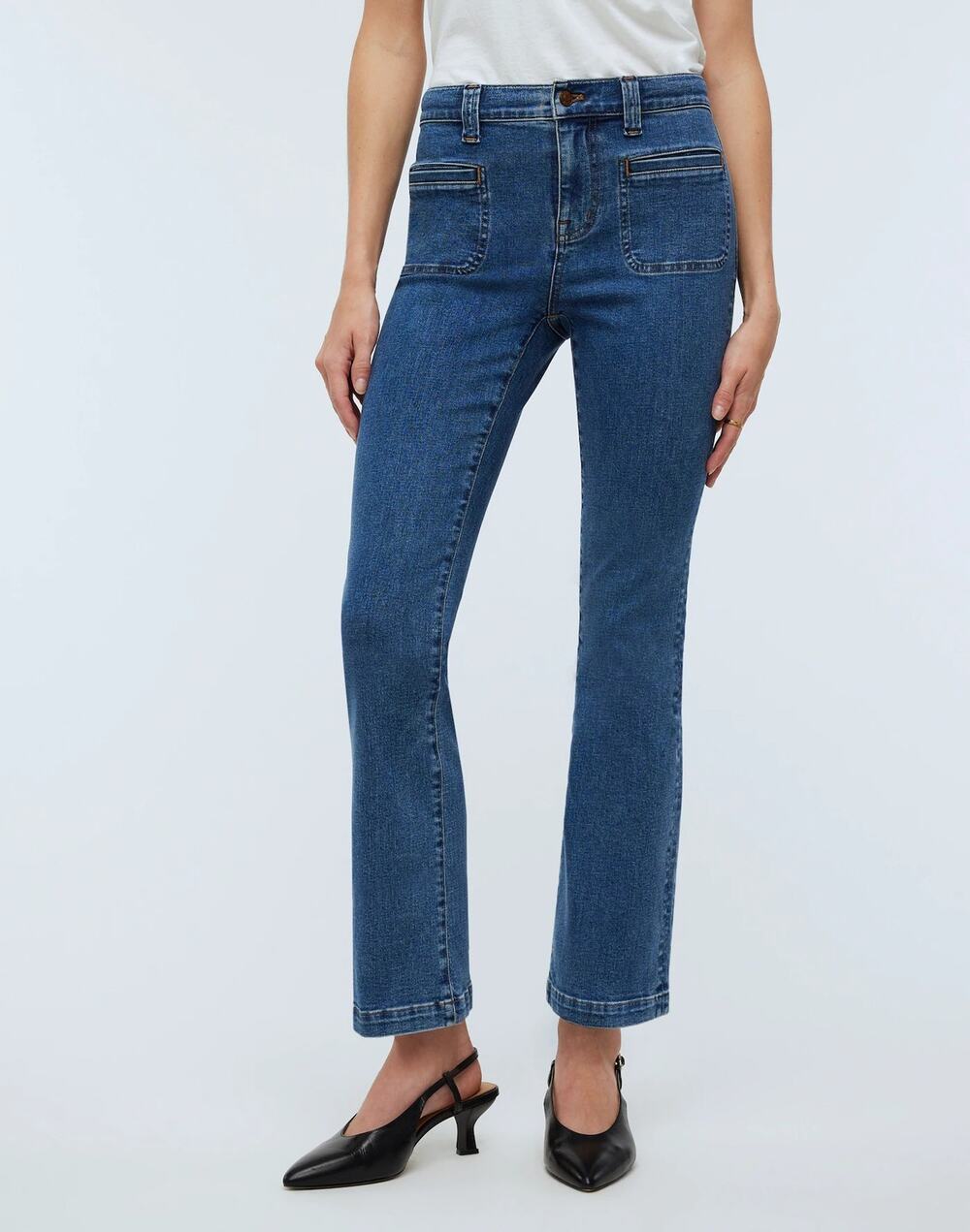 Madewell Blue Elkton Medium Wash Mid Rise Kick Out Patch Pockets Crop Jeans 29